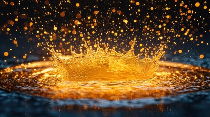 Close-up of gold metal being poured, with droplets forming a stunning crown splash in slow-motion detail