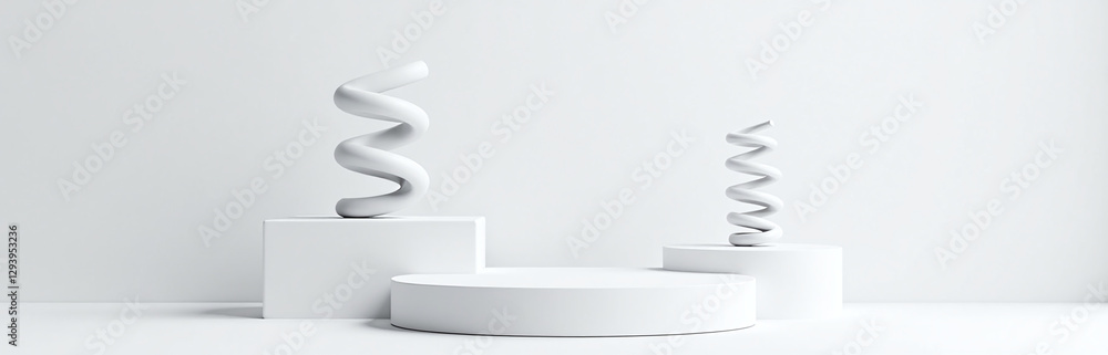 Poster sleek podium with abstract floating spring elements, white background highly detailed designs, reali