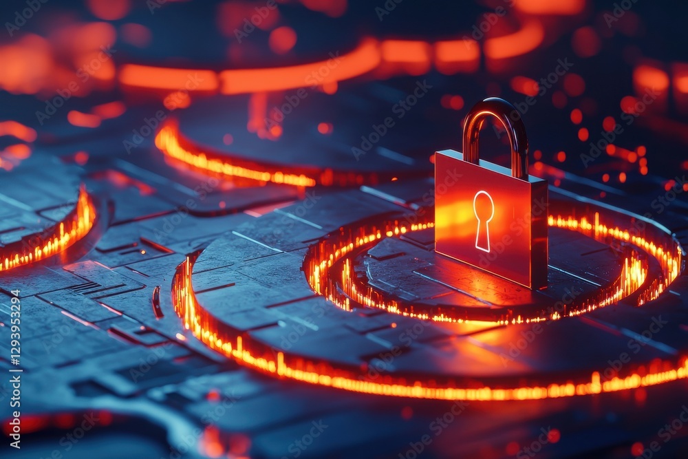 Poster a digital padlock surrounded by glowing circuits, symbolizing cybersecurity and data protection in a