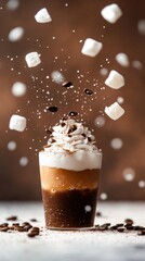 Delicious coffee drink with whipped cream and falling marshmallows on a brown background