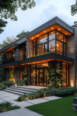 Fototapeta premium Photographie immobilière extérieure d’une maison moderne haut de gamme avec un escalier flottant, un jardin vertical et une grande porte pivotante. Rendu 3D, HDR, idées déco et aménagement tendance.