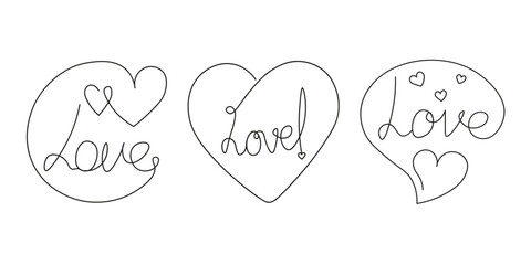 Set of three icons in form of heart and text “love” in artline style on white background. One line drawing on theme of love, feelings and emotions. Love declaration stickers.