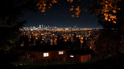 Night cityscape view from a hilltop, framed by autumn leaves.