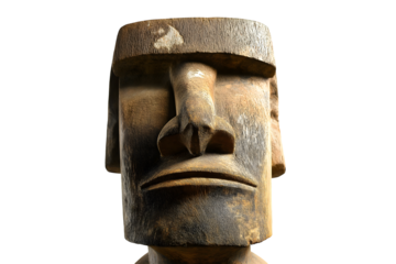 Detailed view of a Moai statue with a large head, prominent brow ridge, elongated nose, and thin pursed lips, showcasing its weathered surface, isolated on transparent background