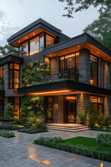 Fototapeta premium Photographie immobilière extérieure d’une maison moderne haut de gamme avec un escalier flottant, un jardin vertical et une grande porte pivotante. Rendu 3D, HDR, idées déco et aménagement tendance.