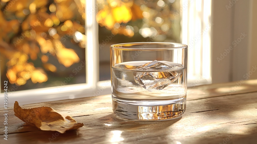 Poster an empty water glass on a dusty table with a child's reflection in the background, artistic shot, co