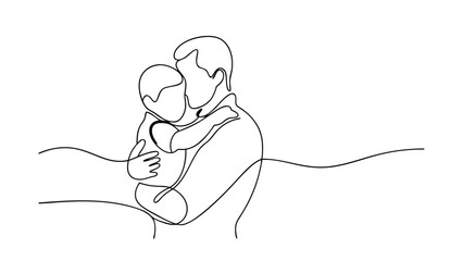 A singleline drawing depicts a father tenderly embracing his young child. The simple lines convey deep affection and the strong bond between parent and child. The image evokes warmth and love.