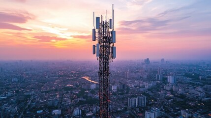 G tower emitting powerful digital signals across a cityscape.
