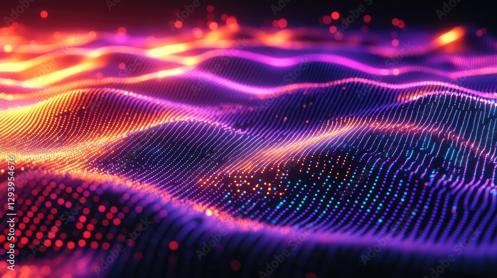 Poster abstract artistic representation of digital communication signals flowing across a neon landscape.