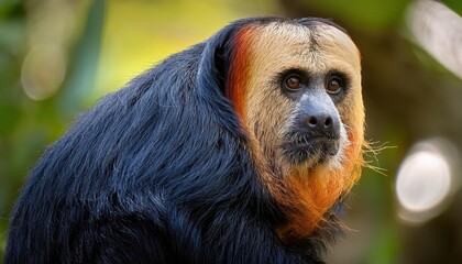 Naklejka premium Closeup of a Whitefaced Saki Monkey Striking Portrait of a Vibrant and Playful Creature in the Tropical Rainforest, Captured at the Perfect Moment