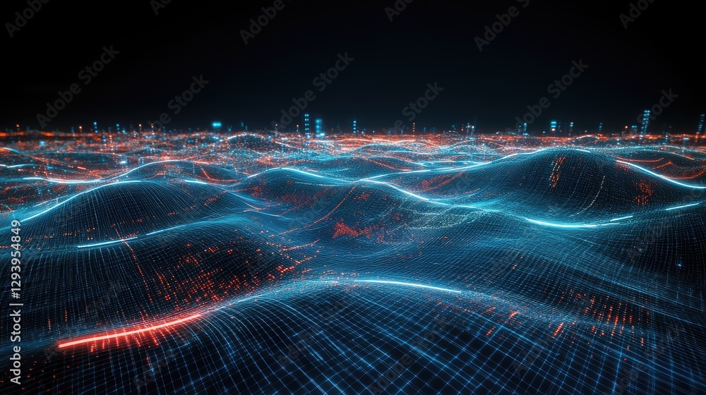 Poster abstract artistic representation of digital communication signals flowing across a neon landscape.