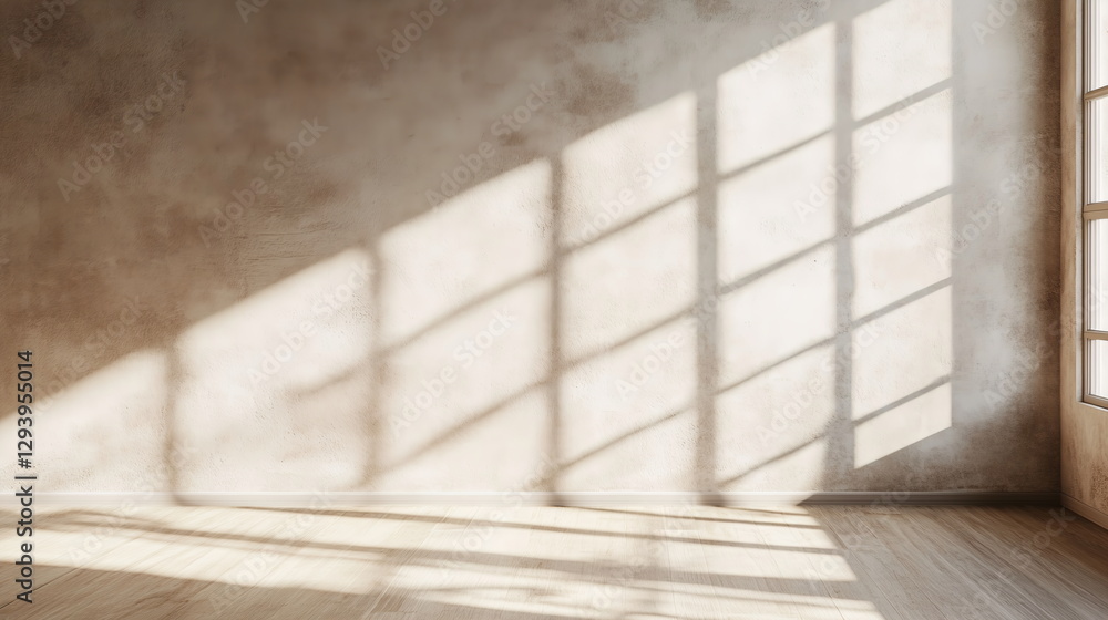 Poster subtle shadow of a window frame falling across a textured taupe wall. soft sunlight filling an empty