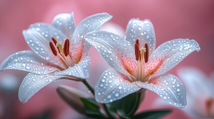 Two white lilies with dew drops, close-up.