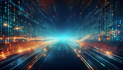 futuristic digital data stream with glowing binary code and cyber technology background