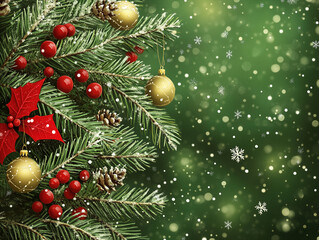 Fototapeta premium Classic holiday postcard with a deep green Christmas theme.