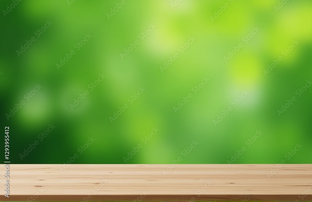 Aufkleber Simple Scene Featuring A Green Background With Blurred Bokeh And A Minimalist Setup Of An Empty Wooden Table.