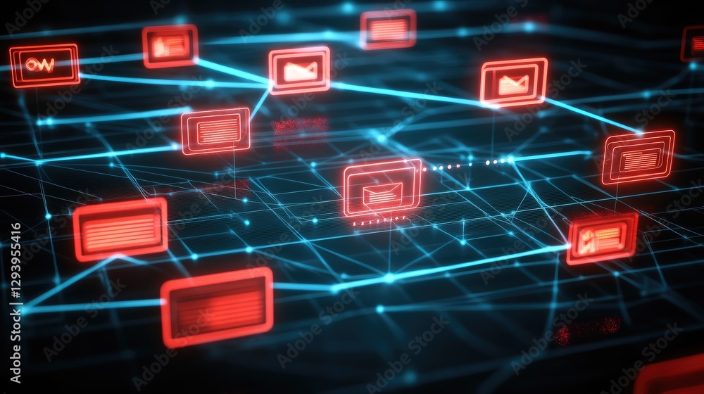 Poster abstract futuristic interface with chat icons and messaging symbols.
