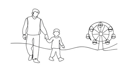 A singleline drawing depicts a father and young son holding hands, walking towards a Ferris wheel at an amusement park. Simple lines create a heartwarming scene.