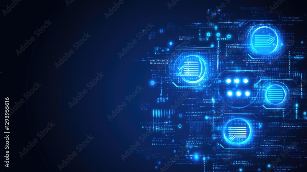 Poster abstract futuristic interface with chat icons and messaging symbols.