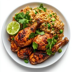 Fototapeta premium Professional image of a plate of chicken mandi with a seamless white background, perfect for branding, packaging, and advertising, featuring fragrant spiced rice and tender roasted chicken.