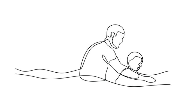 Singleline drawing Father teaching child to swim, water safety