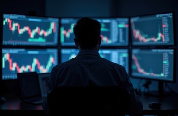 Fototapeta premium A financial analyst in a futuristic digital trading room, stock market analytics, 3D graphs, predictive financial models, upward,downward trends