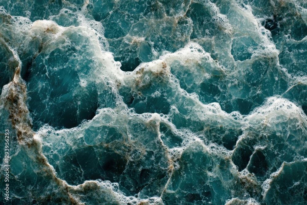 Poster aerial view of ocean waves crashing on shoreline with turquoise water and white foam bubbles creatin