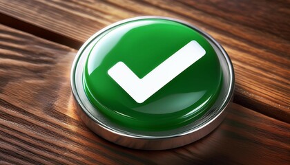 a close up of a glossy green button featuring a white checkmark symbol resting on a wooden surface symbolizing approval confirmation and success