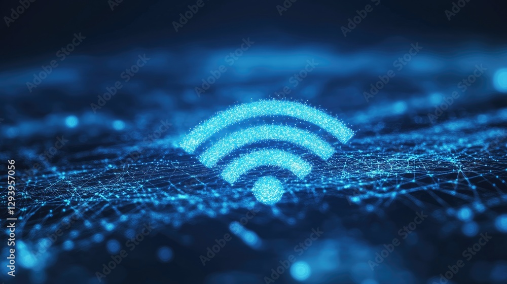 Poster abstract wifi signal waves spreading across a glowing blue background.