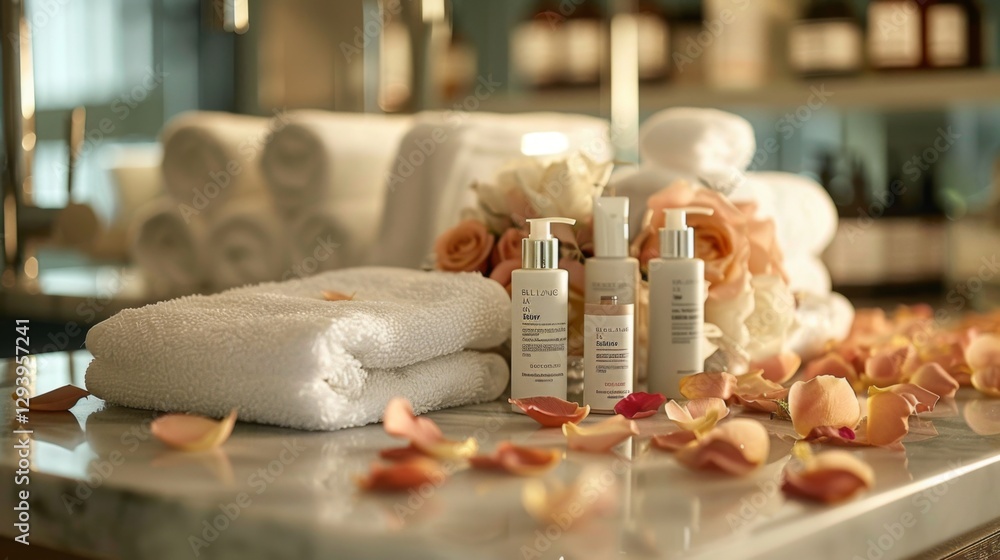 Poster soft white towels are neatly arranged beside skincare products on a marble surface, adorned with ros