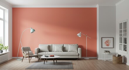 A light beige sofa and armchair sit in a living room with a coral wall, complemented by floor lamps and a coffee table. A simple side table with books and a woven basket completes the scene.