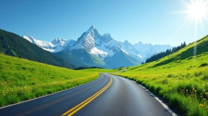 Naklejka premium Asphalt ribbon unwinding through vibrant meadows, towards majestic snow-capped peaks under a radiant sun.