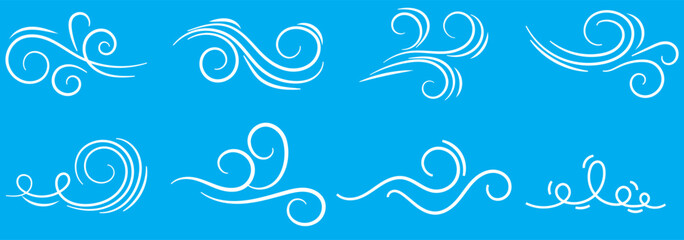 Doodle wind line sketch set. Hand drawn doodle wind motion, air blow, swirl elements. Sketch drawn air blow motion, smoke flow art, abstract line. Isolated vector illustration.