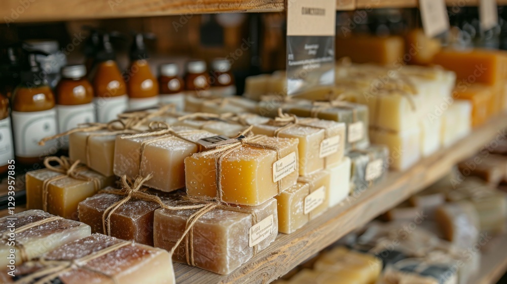 Poster A variety of handmade soaps are arranged neatly on wooden shelves in a local market. The soaps feature different colors, textures, and labels, creating a vibrant display during the afternoon.