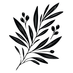 Elegant Floral Branch Illustration. Olive illustration, laurel wreath vector, black olives on a branch. 
Olive branch with leaves and berries. Black and white vector illustration. 