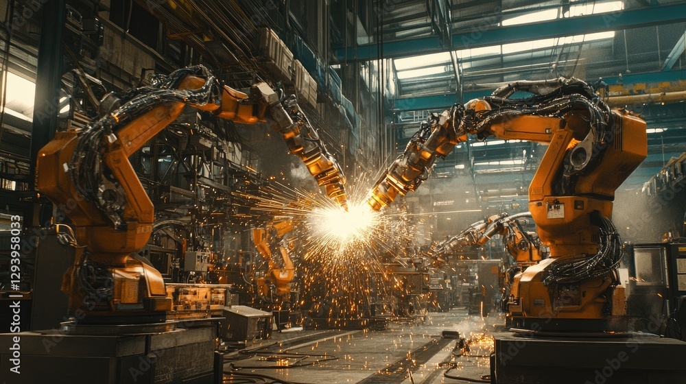 Poster advanced automobile factory with autonomous robotic welding arms operating simultaneously.