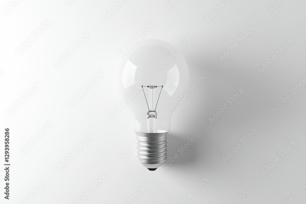 Poster light bulb on white background with reflective surface and clear glass design