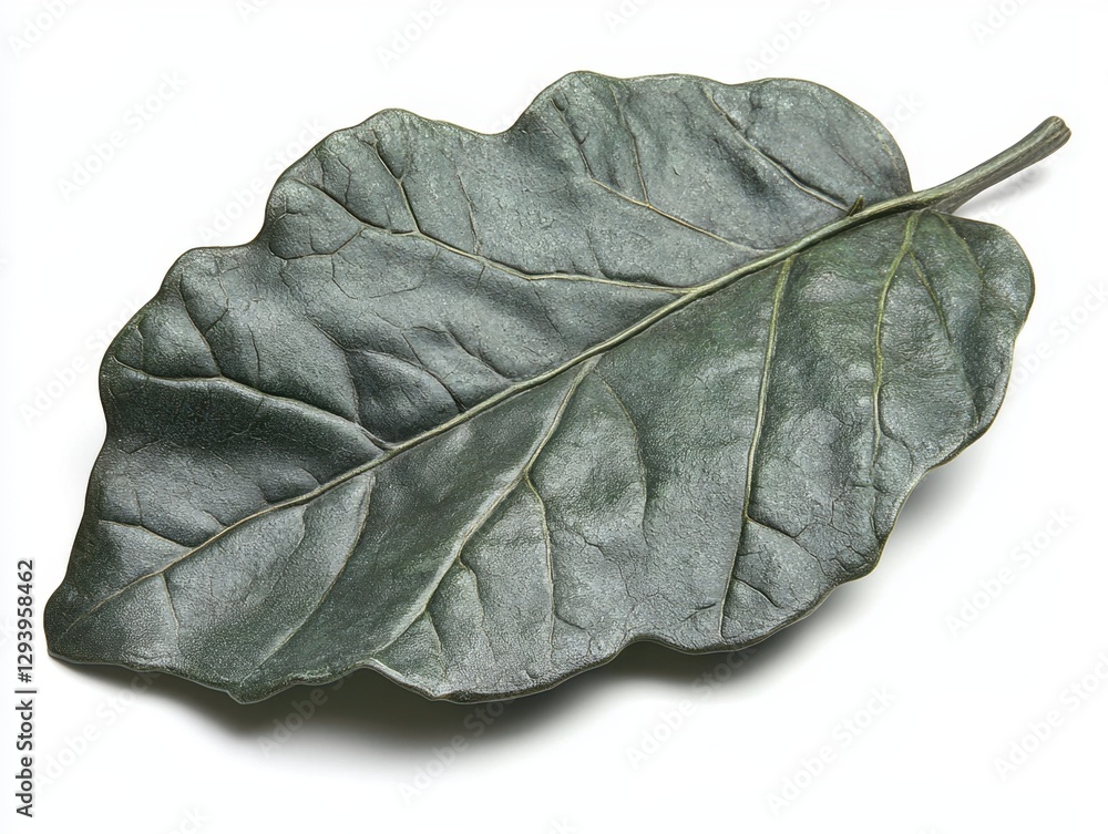 Poster studio shot of a single fiddle leaf fig leaf on a white background showing veins and texture in natu