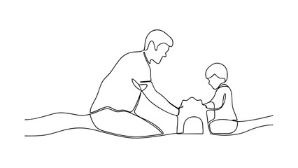 Father and Son Building Sandcastle, OneLine Drawing, Beach Fun