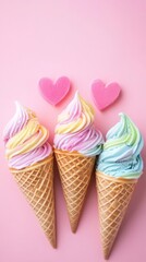 Vibrant Ice Cream Cones on a Pastel Pink Background