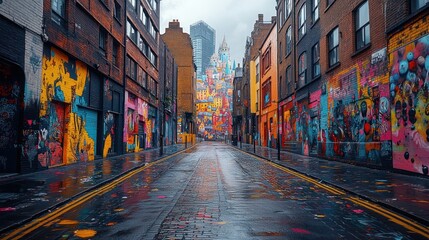 Naklejka premium Colorful graffiti-covered street in London on a rainy day.