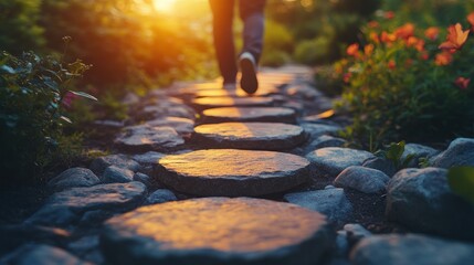 Person walking on stone path at sunset.