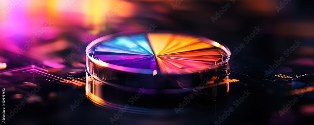 Poster a vibrant, multi-colored circular piece sits on a dark surface, illuminated by colorful lights, crea