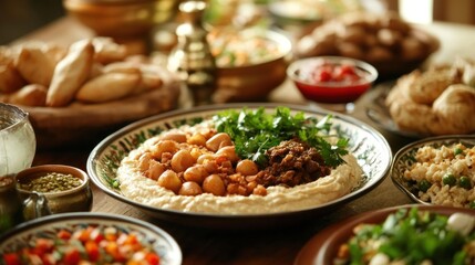 Fototapeta premium A bountiful spread of traditional food dishes arranged beautifully on a wooden table ready to be enjoyed