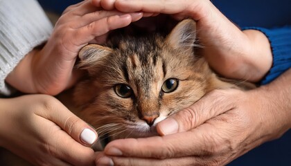 Familial bonding in winter twilight A heartwarming gathering between hands, a feline friend, and the setting sun.