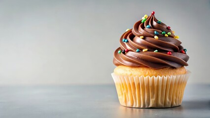 A vanilla cupcake with chocolate ganache and sprinkles on a plain background, chocolate cupcakes, chocolate frosting