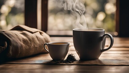 Obraz premium Warm Cup of Tea on a Wooden Table