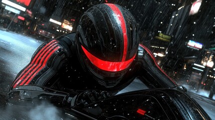 Futuristic motorcyclist in black and red suit leans over motorcycle in rain-swept city at night.