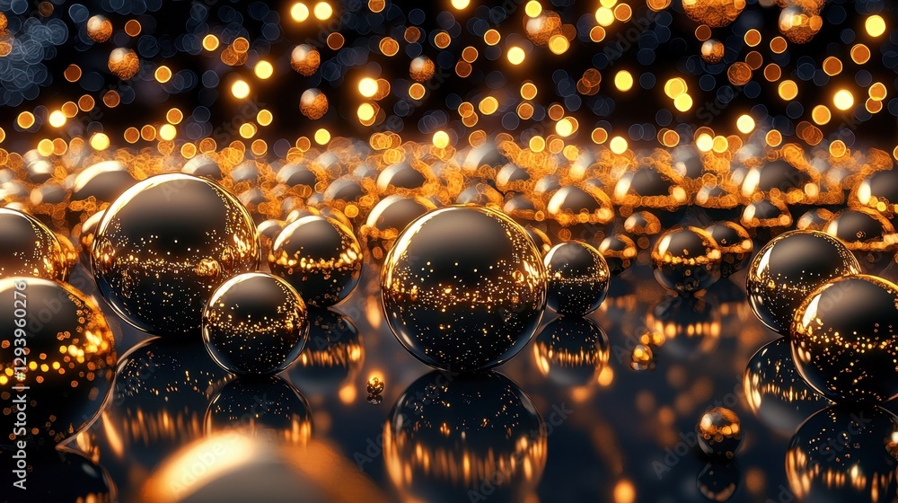 Poster glossy bronze spheres scattered on a smooth reflective surface, creating a futuristic and elegant vi