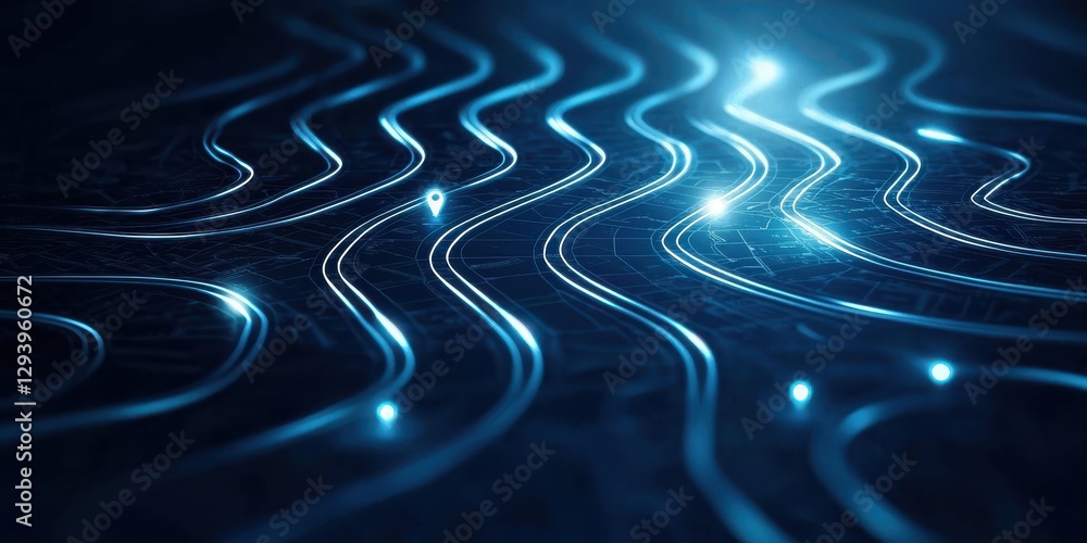 Poster a mesmerizing blue and black abstract image featuring flowing lines and glowing points, evoking a se